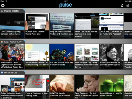 ■Pulse News Reader
450円

　ReederやNewsRackは、大量のニュースフィードをザッと見渡してチェックするのに向いているが、もう少し一つ一つのサイトの記事を画像も含めてじっくり選んで読みたいという場合には、新感覚のニュースリーダ「Pulse News Reader」がお勧めだ。

　あらかじめ選択されているサイトのフィードが、映画のフィルムのように横にスクロールする形式で表示される。講読するフィード数を増やすと、下にスクロールして目的のフィードの場所まで移動する必要があり読みにくくなるので、最大でも10個程度にフィードをおさえた方がよい。
