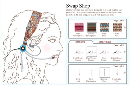 　Swapsetsは、ヘッドホンとして使用できるおしゃれなヘアバンド。材質はウール、綿、シルクなどさまざま。オプションのアクセサリとしてヘアバンドに付けるイアリングのような装飾品もある。