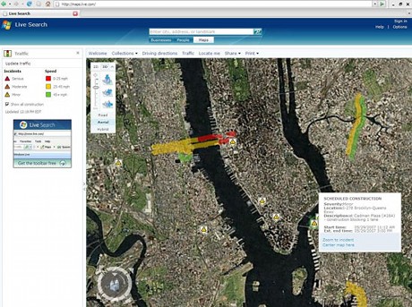 　Live Search Mapsでは、ドライブルートに加え、渋滞の状況や工事が行われている場所をリアルタイムでチェックできるようになった。写真は29日時点のニューヨークだが、リンカーントンネル付近（黄色と赤のラインで示されている所）では案の定「軽度」の渋滞が起きており、ブルックリン・クイーンズ高速（BQE）も、工事によってレーンが1つ封鎖されているため、やや流れが悪くなっていた。渋滞情報欄には、「LOL on the BQE（LOLは「lots of luck：運任せ」の略であって、「laugh out loud：爆笑」という意味ではない）」と記されている。