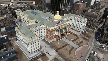 　建築家のCharles Bulfinch氏が設計した、ボストンにあるマサチューセッツ州議会議事堂。背後には、Samuel Adamsとその友人らがボストン茶会事件の計画を練ったFaneuil Hallが見える。