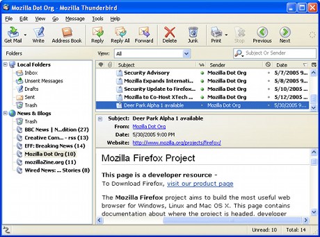　Mozilla Foundationが、メールクライアントソフト「Thunderbird 2」をリリースした。Thunderbird 2は、メッセージへのタグ付けや表示履歴、選べるフォルダビュー、高度な検索機能など、メールの整理を簡単に行える機能を搭載している。これはThunderbird 2のメインウインドウ。