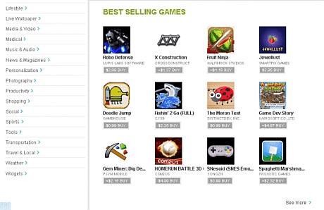 　こちらも「Android Market」オンラインストアのトップページから。注目アプリケーションの並びの下には売れ行きの良いゲームが表示される。