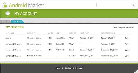 　デバイス管理

　My Market Account画面の「Settings」というタグをクリックすると、自分の端末の一覧が表示される。