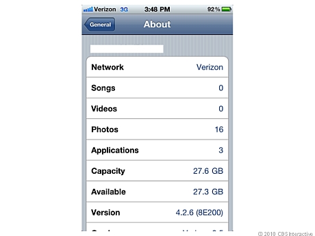 　Verizon版は「iOS 4.2.6」を搭載。CDMA通信やPersonal Hotspot機能をサポートする。