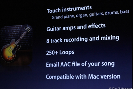 　iMovieと合わせて発表されたiPad向けのGarageBand。機能面としては、Touch instruments、ギターアンプおよびエフェクト、8トラックレコーディングおよびミックス、250以上のループ、作成した楽曲のAACのメール送信、Macバージョンと互換が挙げられた。