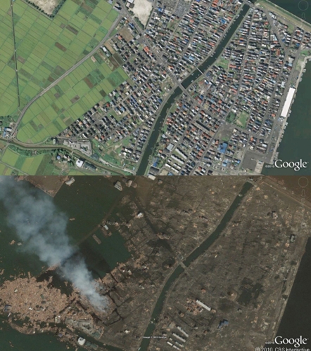 　Googleが、東日本大震災の発生直後に「GeoEye」と「Digital Globe」から送られてきた最新の衛星写真を提供している。この写真は、宮城県名取市閖上。上が被災前で下が被災後。

　本記事では、地震発生前と発生後の被災地の様子を紹介する。写真の並びは被災前が上、被災後が下となっている。