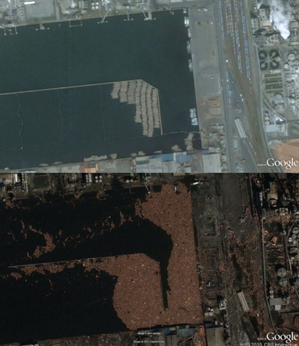 　宮城県石巻市。産業地域は津波に襲われ、港は残がいであふれた。
