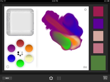 Adobe Color Lava

　Color Lavaは、左下にある色を絵の具のように指で混ぜ合わせてカラーパレットを作成できる。左上にあるのは「筆洗」で、指を浸けることができる。カメラのアイコンをタップすると、ユーザーが持っている写真が表示されるので、色を参照できる。Photoshopと接続している場合、選択したスウォッチが現在選択している色になる。