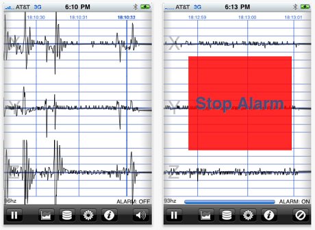 iPhoneアプリ「地震計 - iSeismomete」はiPhoneの加速度センサーを使って揺れを感知する。テーブルの上に置いて周りを叩くと揺れを感知してグラフが変化する。地震のときにはどこかに置いておかないと揺れを感知できない。