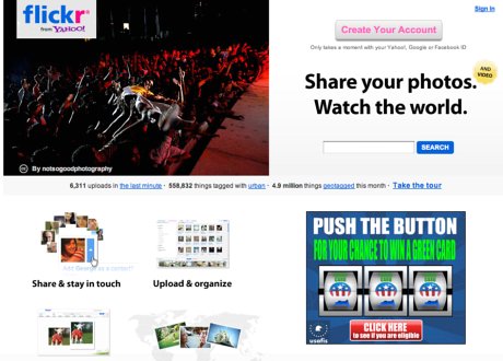 米Yahooが提供する「Flickr」は写真の編集や細かな共有設定が可能な写真サイト。無料アカウントでは毎月2本のビデオと300Mバイト分の写真をアップロードできる。