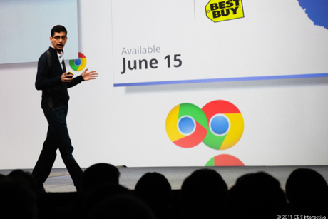 Googleの開発者向けカンファレンスGoogle I/Oの2日目、同社ブラウザChromeについて壇上で話をする同社のChrome担当シニアバイスプレジデントSundar Pichai氏