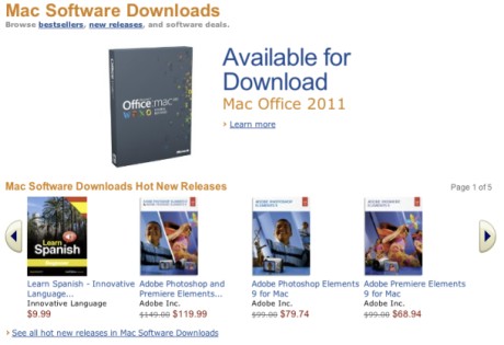 Amazonの新しいMac用ソフトウェアストア。Office for Mac 2011が大きく取り上げられている。