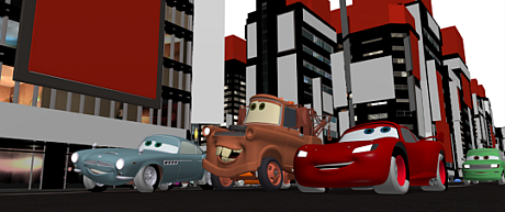 　この画像は、キャラクターアニメーションの最終的なポーズだ。フレーム内の主キャラクターと副キャラクターの両方にキーフレームアニメーションが適用され、Pixarが使用する群衆アニメーションのソフトウェアシステムによって背景の自動車が追加された。