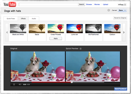 YouTubeの新しいビジュアルエフェクトフィルタ。Googleが買収したPicnikと共同開発された。