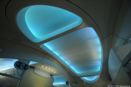 　乗務員によって機内上部の照明の色やその濃さが変えられる。
