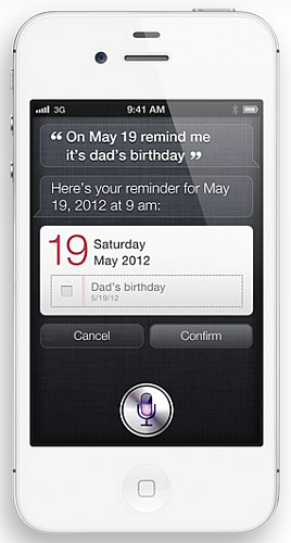 Siriボイスコマンド

　iPhone 4S用のボイスコントロールアプリケーション「Siri」は端末と深く連携し、単語ではなく、質問文の形式で検索ができる。たとえば「今日は傘が要るだろうか」と質問して「今日は確かに雨が降りそうですね」というように答えてもらうことができる。
