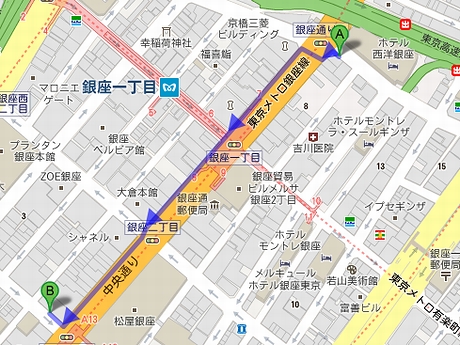 午前7時半時点のiPhone 4Sを求める列は、銀座一丁目駅を超え京橋方面（約450m）にまで続いていた（地点Bがアップルストア銀座店）。