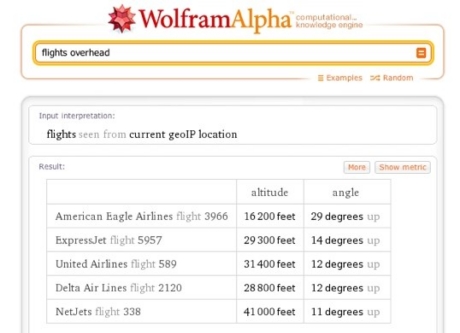 上空を飛ぶ飛行機に関してWolfram Alphaが提供する情報の一部