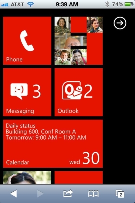 iPhone上で表示されたWindows Phone 7