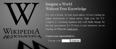 Wikipediaは、コンテンツを反SOPAメッセージで置き換えた。