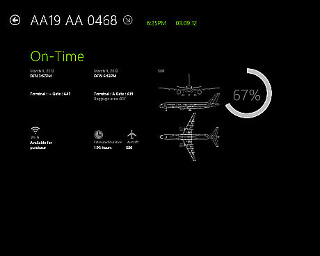 The Tower（American Airlines）

　フライトを選択すると、このアプリはそのフライトが発着するターミナルおよびゲート、フライト時間、航空機の機種、そのフライトでWi-Fiが利用できるかなどの詳細情報を表示する。