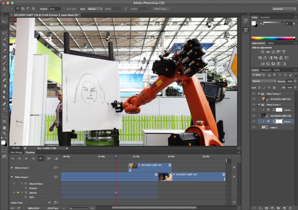 Photoshop CS6で提供される動画編集機能。トーンおよびカラー調整の適用といったPhotoshopの編集機能を含んでいる。