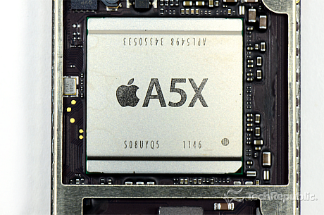 　「A5X」システムオンチップ（SoC）（サムスン製、Appleブランド）。

　筆者は、入手可能な証拠から判断して、AppleのA5Xシステムオンチップ（サムソン製、Appleブランド）は、1GHzのARMの「Cortex A9」デュアルコアCPUと、200MHzのImagination Technologies製クアッドコアGPU「PowerVR SGX543MP4+」を搭載していると考えている。