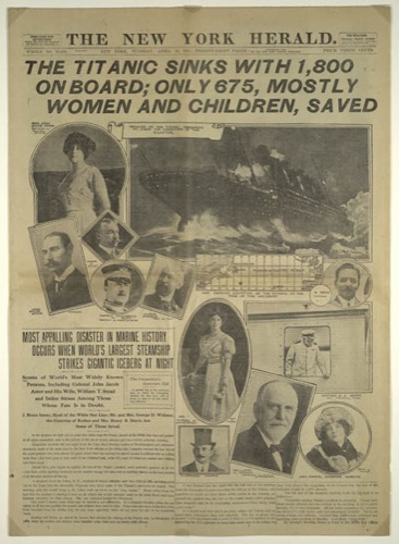 　Titanicの沈没を伝える、1912年4月16日付けのThe New York Heraldの1面。