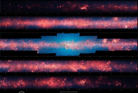 　2003年の打ち上げ以来、IRACは銀河系全体を隅々まで撮影し、この比較的狭い平面上のあらゆるものから発せられる赤外線を、数十億ピクセルものサイズの合成写真にしている。この画像では、銀河系中央部をとらえた、端と端がつながる5枚の写真を示している。この画像では銀河面全体の3分の1しかカバーされていない。