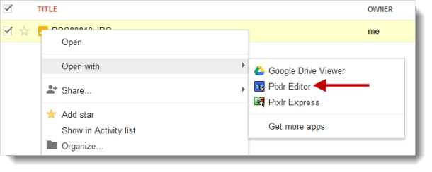 「Google Drive」の「Open with」機能を使えば、自分のデータを古いデスクトップアプリにとどめておく必要はない。Google Driveのローンチパートナーの「Pixlr」が表示されている。