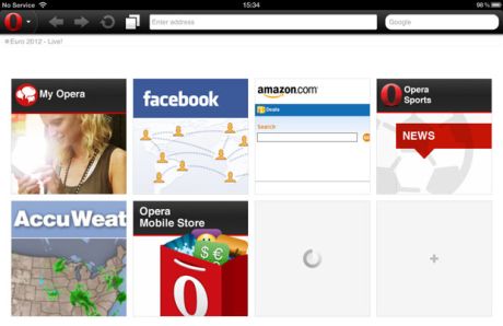 iOS上のOpera Miniは現在、Facebookは、プリロードされた「Speed Dial」ブックマークの1つとして表示している。Opera Miniは、ウェブページを処理するためにOperaのサーバを依存し、圧縮されてインタラクティブ性を少なくしたウェブページをiPhoneやiPadに送信する。
