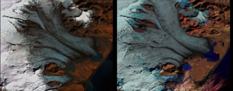 　ゴダード宇宙飛行センターのサイエンティフィックビジュアライゼーションスタジオが作成したこの画像では、アイスランドの氷河が1973年から2000年の間に減少している様子が分かる。