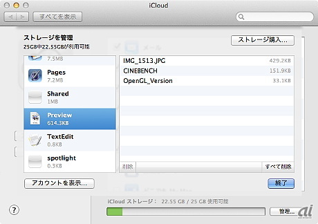 　Documents in the Cloudに保存された書類は、システム環境設定「iCloud」ペインで管理できる。