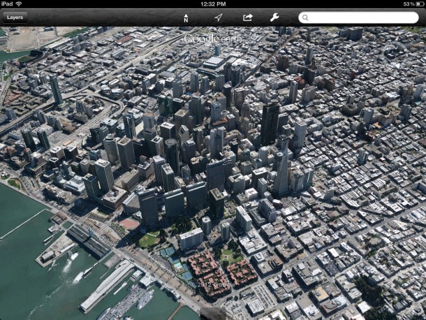 アップデートされたiOS用Google Earthアプリで3D表示されたサンフランシスコ