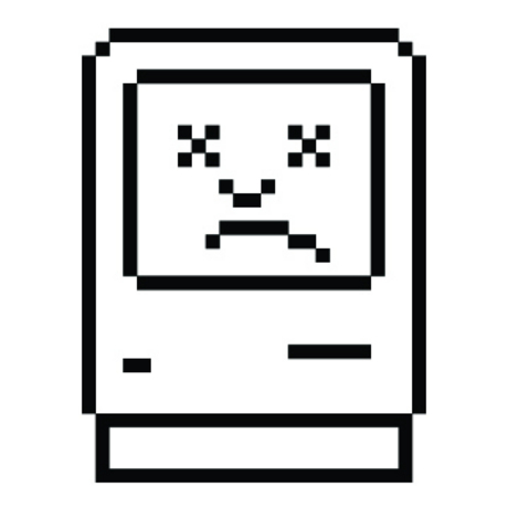 　「Sad Mac」アイコンは、ハードウェアやソフトウェアの深刻な問題で正常起動できないことを意味する。16進数のエラーコードと一緒に表示されていた。