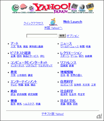 　国内最大級のポータルサイト「Yahoo! JAPAN」。インターネットの黎明期から検索サービスを提供し、高いシェアを維持しながら成長を続けてきた。ここでは、1996年のサービス開始から2012年までのYahoo! JAPANトップページの変遷を、その年の同社のトピックとともに振り返る。

　こちらは1996年当時のYahoo! JAPANトップページ。1996年1月にヤフー株式会社が設立され、同年4月に国内初の商用検索サイトとして「Yahoo! JAPAN」のサービスを開始。7月に「Yahoo!ニュース」「Yahoo!天気情報」などの情報サービスの提供を開始した。