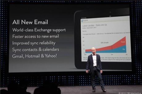 　Bezos氏は、他のどのタブレットよりもKindle Fire HDが「Microsoft Exchange」との融合性が高いと述べた。企業ユーザーにはありがたい。