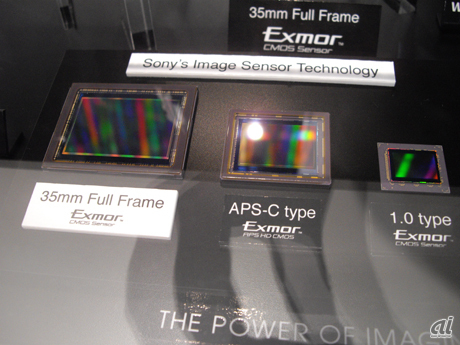 　ソニーのイメージセンサラインアップ。左から35mmフルサイズ、APS-Cサイズ、1.0型。