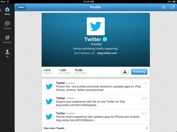 Twitterの新しいiPadアプリ。ヘッダー画像の追加が可能となっている。