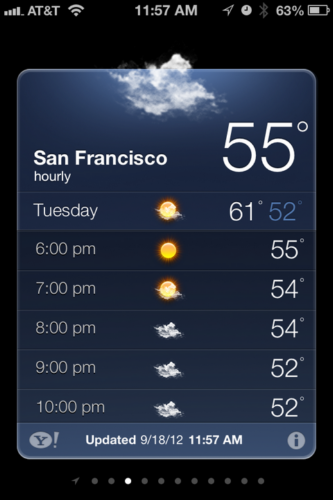 　Weatherアプリでは、その日の天気について毎時間ごとに予想が表示される。