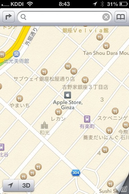 　日本国内の地図を表示したところ。Googleマップに比べると情報量が乏しく、渋滞情報も表示されない。米国の主要都市のような3D表示もサポートされていない。
