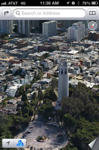 　一部の都市では3Dマップ対応されている。画像はiPhone 4S上で表示させたサンフランシスコのコイトタワー。