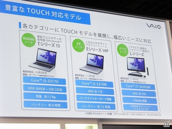 ノートPCのVAIO「Tシリーズ 13」、VAIO「Eシリーズ 14P」、一体型デスクトップPCのVAIO「Lシリーズ」も発表された