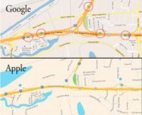 Google MapsとAppleのiOS 6に搭載されるMapsで高速道路を見た場合の違い