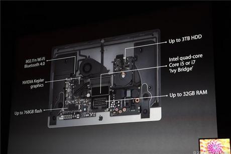 　Appleの2012年版新型iMacの内部には、768Gバイトのフラッシュストレージ、NVIDIAの「Kepler」グラフィックス、そして最大3Tバイトのハードドライブストレージが格納されている。