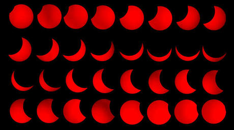 　Peter Hegarty氏は、オーストラリアのブリスベンから見えた日食の進行状況を1枚の画像にした。ブリスベンでは最大で太陽の約83％が欠けた。赤い色は同氏のカメラに取り付けられた太陽望遠鏡「Lunt LS60THa」によるものだ。