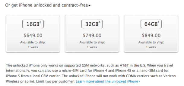 Appleのウェブサイトに掲載されたアンロック版iPhone 5の価格