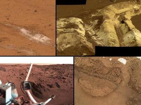 　「Viking」や「Pathfinder」「Mars Exploration Rover」などのNASAの過去の火星ミッションは、火星の土壌を調査してきた。今回のCuriosityはX線分光法を使用している。同様の種類の土壌がすべての着陸地で、そして両方のMars Exploration Roverの陸上移動中に観察されている。

　一番上の2枚の写真には、グセフクレーターにあるMars Exploration Roverの「Spirit」の着陸地が写っている。左下の写真はVikingの着陸地だ。右下は、Curiosityが土壌を採集したゲイルクレーターの「Portage」と呼ばれる場所の近接写真である。

　グセフクレーターでは、Spiritの車輪が地表下の白い堆積物をいくつか掘り起こした。それらの堆積物には、シリカを豊富に含むものや水和した第二鉄硫酸塩があった。
