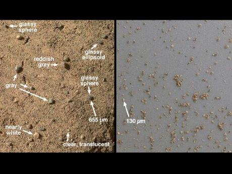 　NASAの火星探査機Curiosityに搭載されたMars Hand Lens Imager（MAHLI）は、Rocknest Wind Drift内の砂の近接写真を撮影し、同探査機が10～11月にスコップですくってふるいにかけた後にChemistry and Mineralogy ExperimentとSample Analysis at Marsに送った物質の特質を記録した。

　この写真に写っているのは、Rocknest Wind Driftの一部分で観察された、さまざまな粒の粗い砂の一部である。これを見ると、半透明の粒子と灰色および白色の砂、さらにガラス状の青灰色の球体2つと、ガラス状の楕円体1つがあることが分かる。球形および楕円形の粒子は、火山の爆発的噴火、または衝突火口を発生させる出来事が起こった際、溶解した小滴が火星地表で冷やされて生成されたガラスからできた可能性が高い。同様の粒子は、地球の衝突火口や月の爆発性の火山でも見られる。大きい方のガラス状の球体の直径は0.026インチ（約0.66mm）だ。
