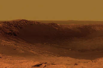 　この225度のパノラマ写真は、画像の左が北北西、右が南南西だ。この写真は、火星での探査開始から2453日目と2454日目（火星日）にあたる、2010年12月18日と19日に、Opportunityのパノラマカメラによって撮影された。

　フルサイズのパノラマ写真はリンク先で見ることができる。
